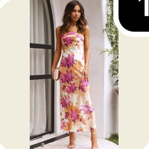 Elegant Strapless Floral Dress - Pink and Orange